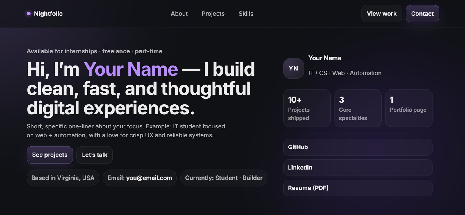 Screenshot of Nightfolio student portfolio website