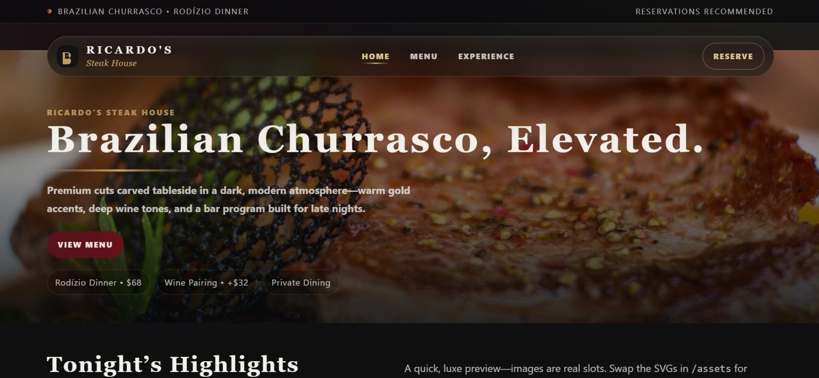 Screenshot of Ricardo's Steak House website